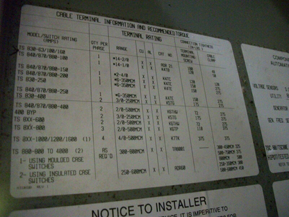 THOMSON AUTOMATIC TRANSFER SWITCH TS873A0400A1AE3AKKAA 400AMP 600VOLT 3PH