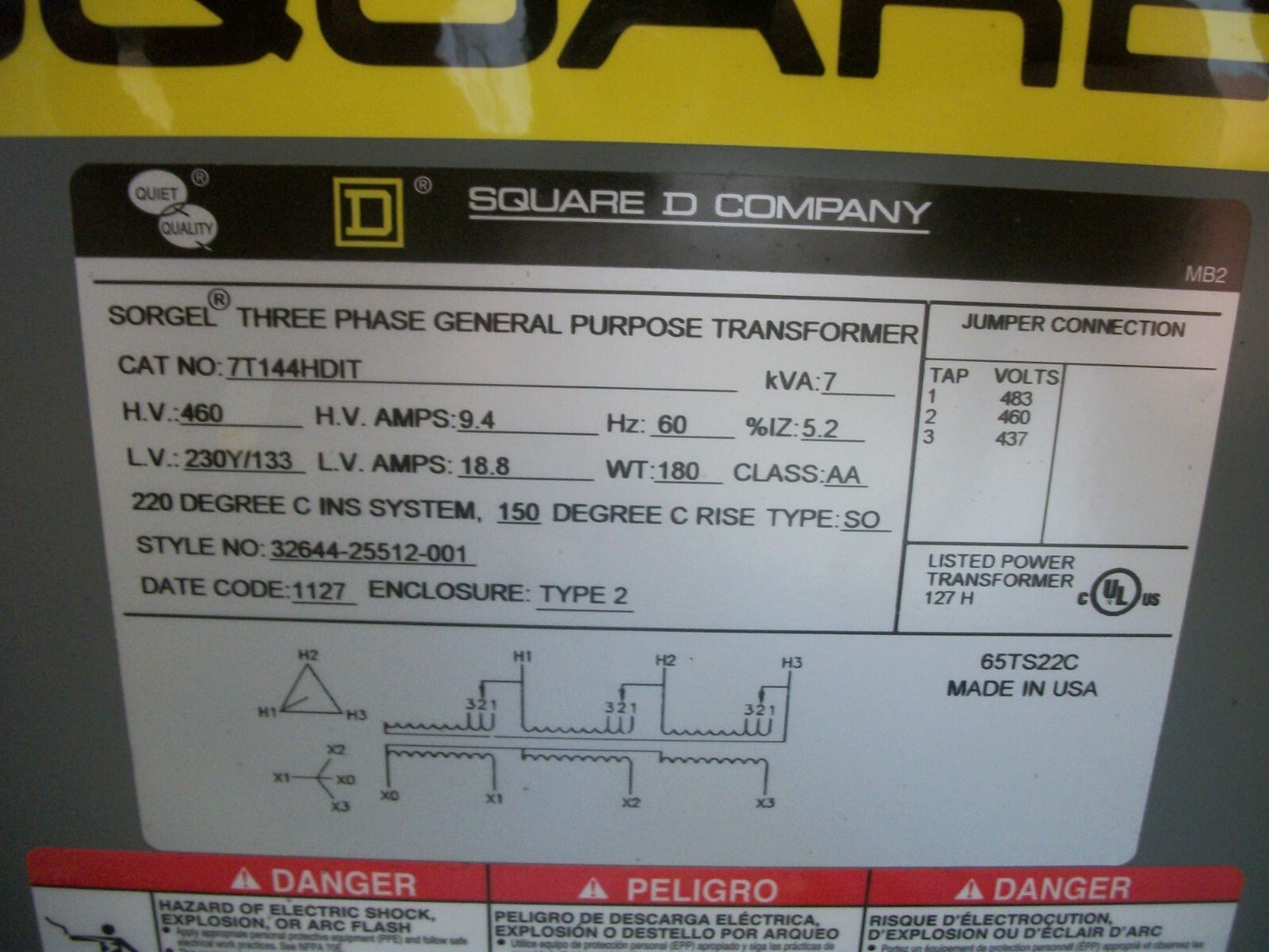 SQUARE D SORGEL 7KVA 3PH TRANSFORMER 7T144HDIT HV 460 LV 230Y/133 NEW
