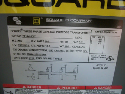 SQUARE D SORGEL 7KVA 3PH TRANSFORMER 7T144HDIT HV 460 LV 230Y/133 NEW