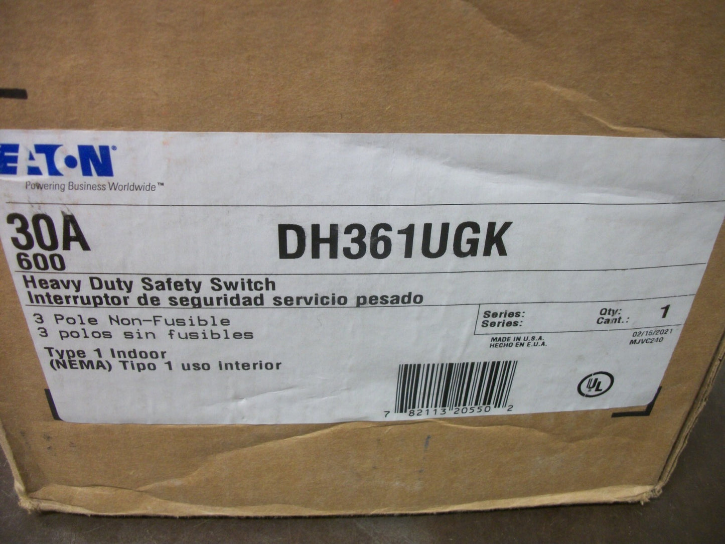 CUTLER-HAMMER DISCONNECT TYPE 1 DH361UGK 30AMP 600VOLT 3POLE NON-FUSIBLE NIB