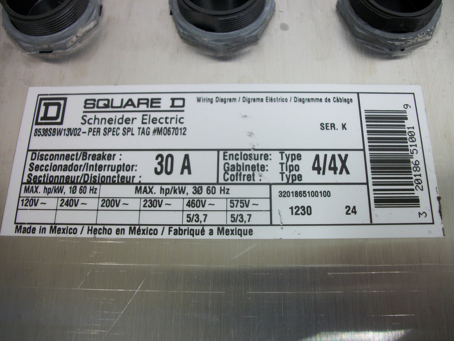 SQUARE D DISCONNECTOR/BREAKER SS ENCLOSURE ONLY TYPE 4,4X 30AMP 600VOLT