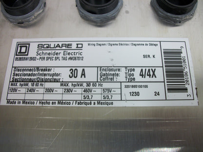 SQUARE D DISCONNECTOR/BREAKER SS ENCLOSURE ONLY TYPE 4,4X 30AMP 600VOLT