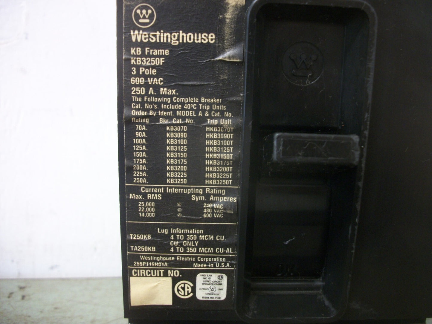 WESTINGHOUSE KB CIRCUIT BREAKER KB3250F 250AMP 600VOLT 3POLE W/150A TRIP