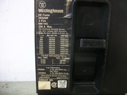 WESTINGHOUSE KB CIRCUIT BREAKER KB3250F 250AMP 600VOLT 3POLE W/150A TRIP