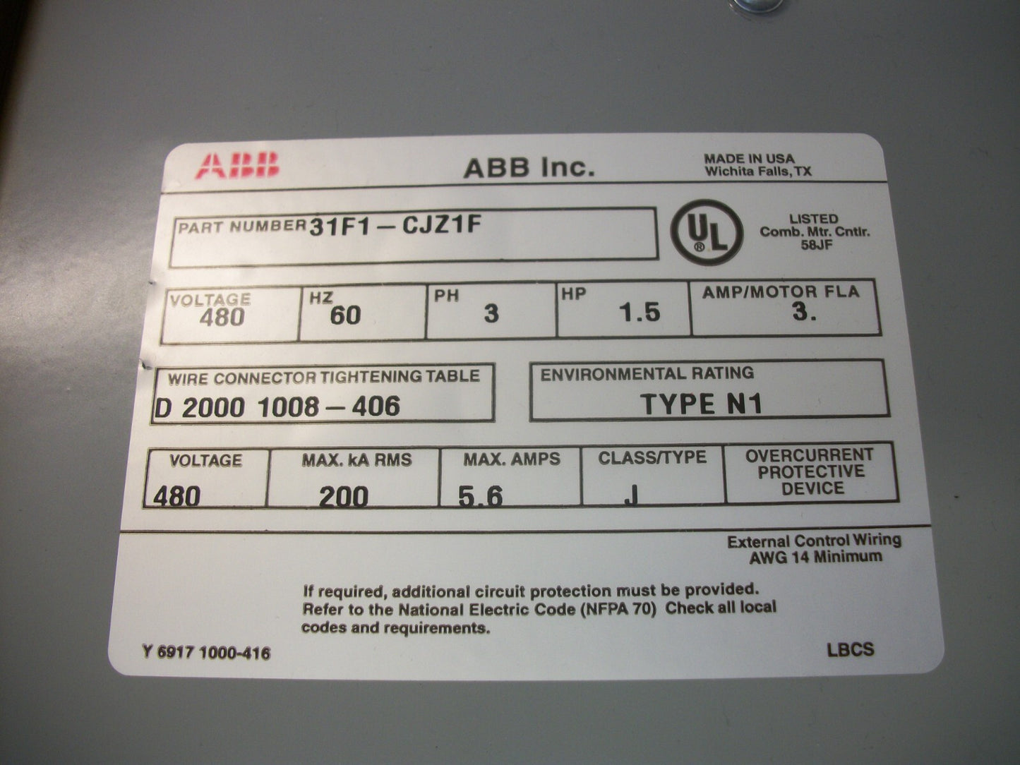 ABB STARTER COMBO 4,12 31F1-CJZ1F A16-30-10 120VCOIL 30AMP FUSIBLE NOB