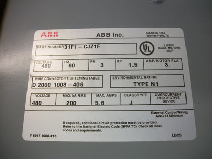 ABB STARTER COMBO 4,12 31F1-CJZ1F A16-30-10 120VCOIL 30AMP FUSIBLE NOB