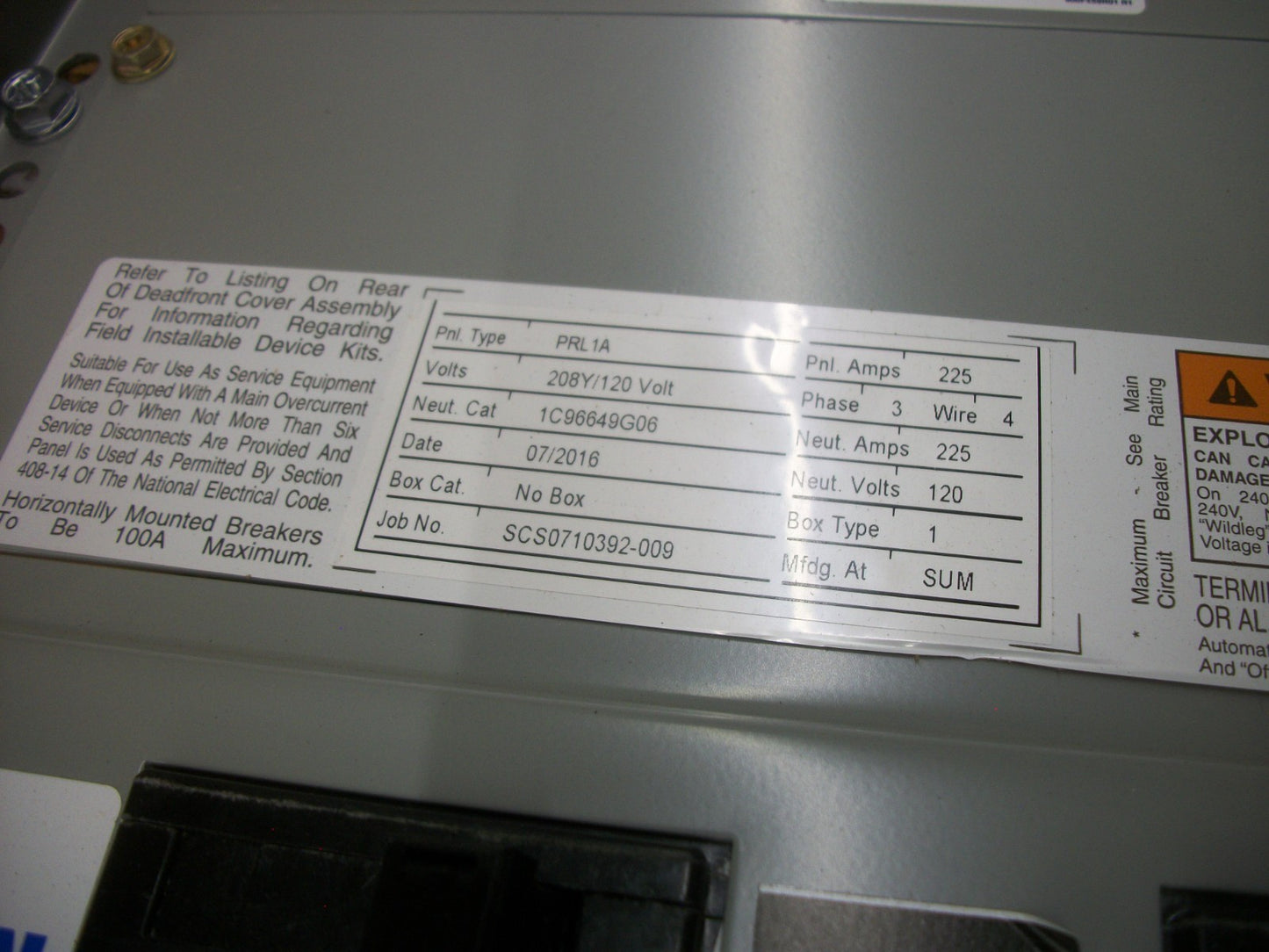 CUTLER-HAMMER PRL1A PANELBOARD INTERIOR 1C96649G06 225A 208Y/120V 3PH NIB