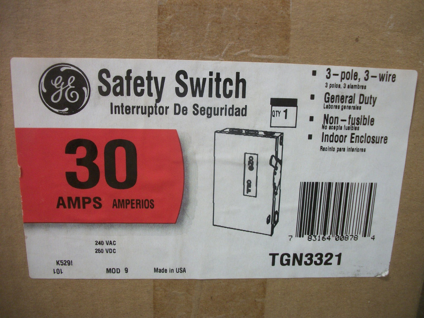 GE DISCONNECT TYPE 1 TGN3321 30AMP 240VOLT 3POLE NON-FUSIBLE NIB