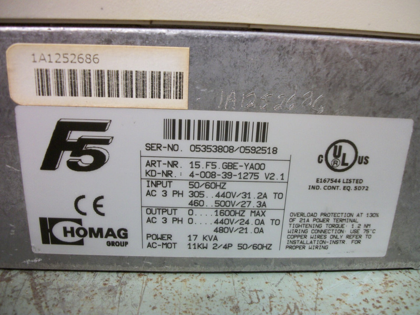 HOMAG GROUP F5 11KW INVERTER DRIVE 15.F5.GBE-YA00 3PH 480VOLT 21AMP