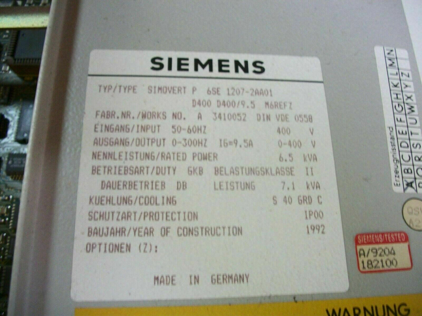 SIEMENS SIMOVERT 7.1KVA INVERTER DRIVE 6SE 1207-2AA01 400VOLT 9.5AMP 0-300HZ