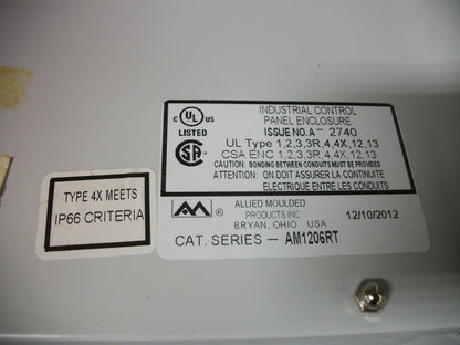 ALLIED 12 X 10 X 6 NON-METALLIC ENCLOSURE 1,2,3,3R,4,4X,12,13 AM1206RT