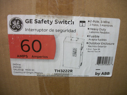 GE DISCONNECT TYPE 3R TH3222R 60AMP 240VOLT 2POLE FUSIBLE NIB