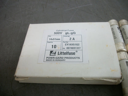 LITTELFUSE BOX OF 10 POWR-GARD CYLINDRICAL FUSES CY14X51G2 2AMP 500VOLT NIB