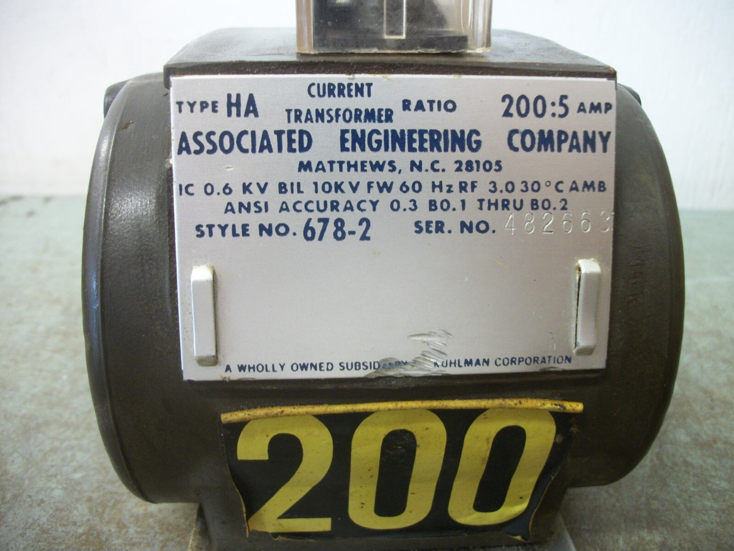 ASSOCIATED ENGINEERING HA 200:5A CURRENT TRANSFORMER 678-2 10KV