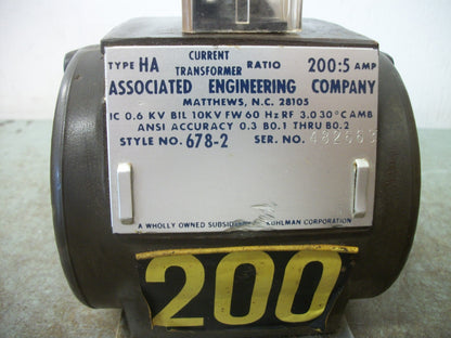 ASSOCIATED ENGINEERING HA 200:5A CURRENT TRANSFORMER 678-2 10KV