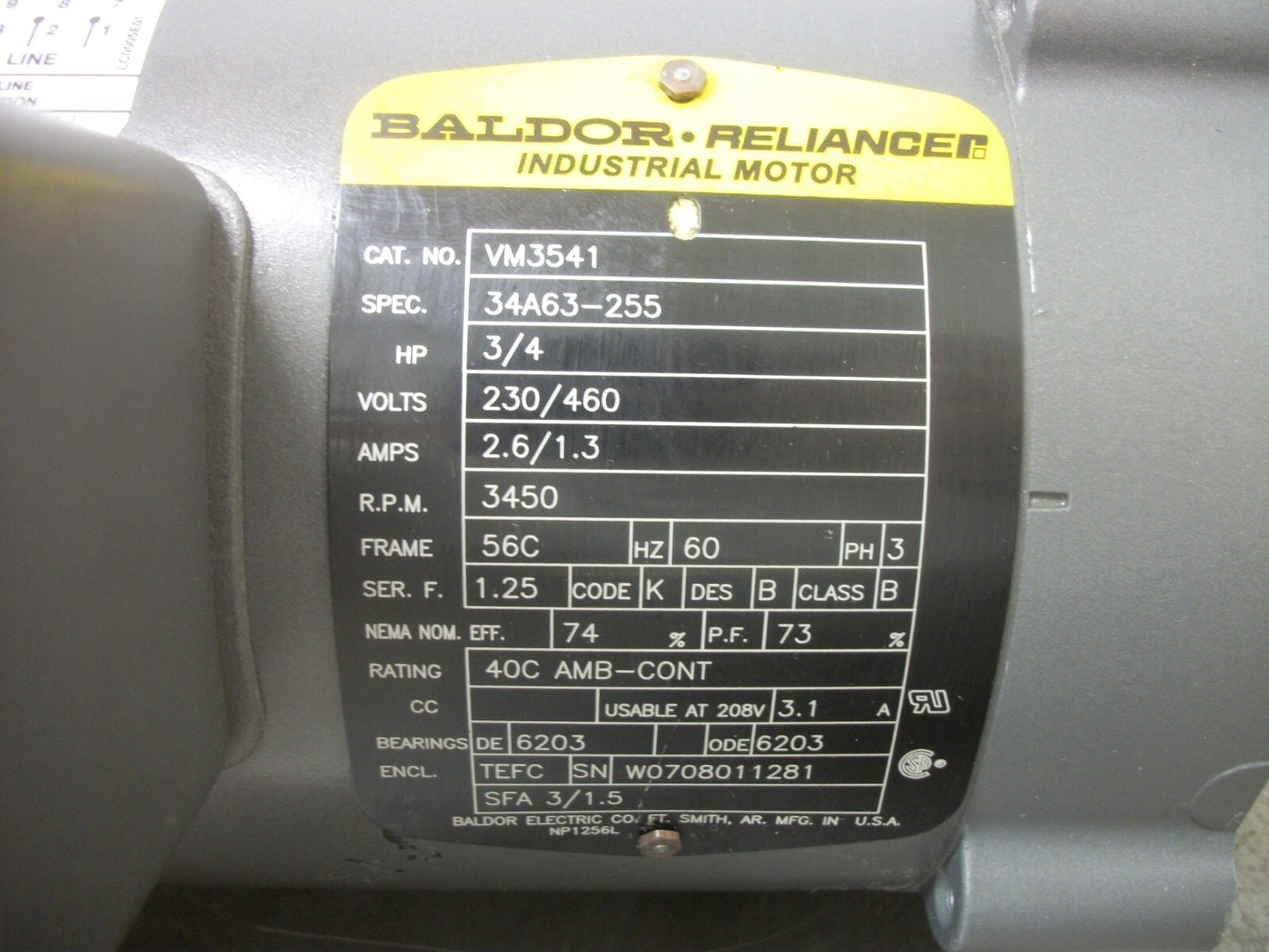BALDOR 3/4HP 56C TEFC AC MOTOR VM3541 460VOLT 3PH 3450RPM
