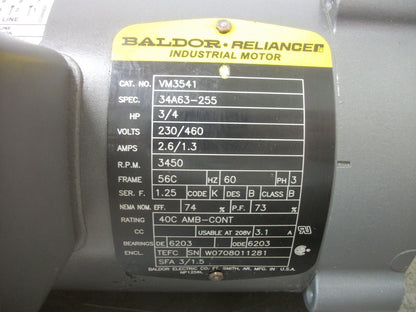 BALDOR 3/4HP 56C TEFC AC MOTOR VM3541 460VOLT 3PH 3450RPM