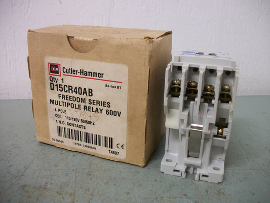 CUTLER-HAMMER FREEDOM SERIES MULTIPOLE RELAY D15CR40AB 120VCOIL 4POLE CHIP NIB