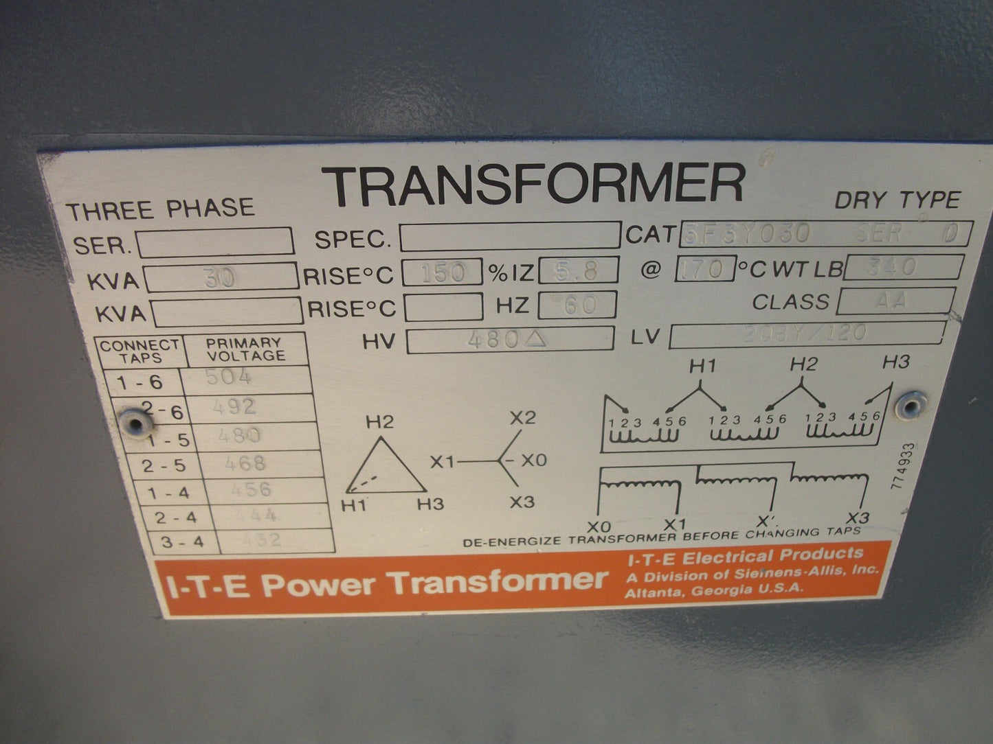 SIEMENS ITE 30KVA 3PH TRANSFORMER 3F3Y030 HV 480D LV 208Y/120 REFURB