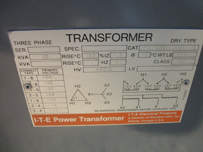 SIEMENS ITE 30KVA 3PH TRANSFORMER 3F3Y030 HV 480D LV 208Y/120 REFURB