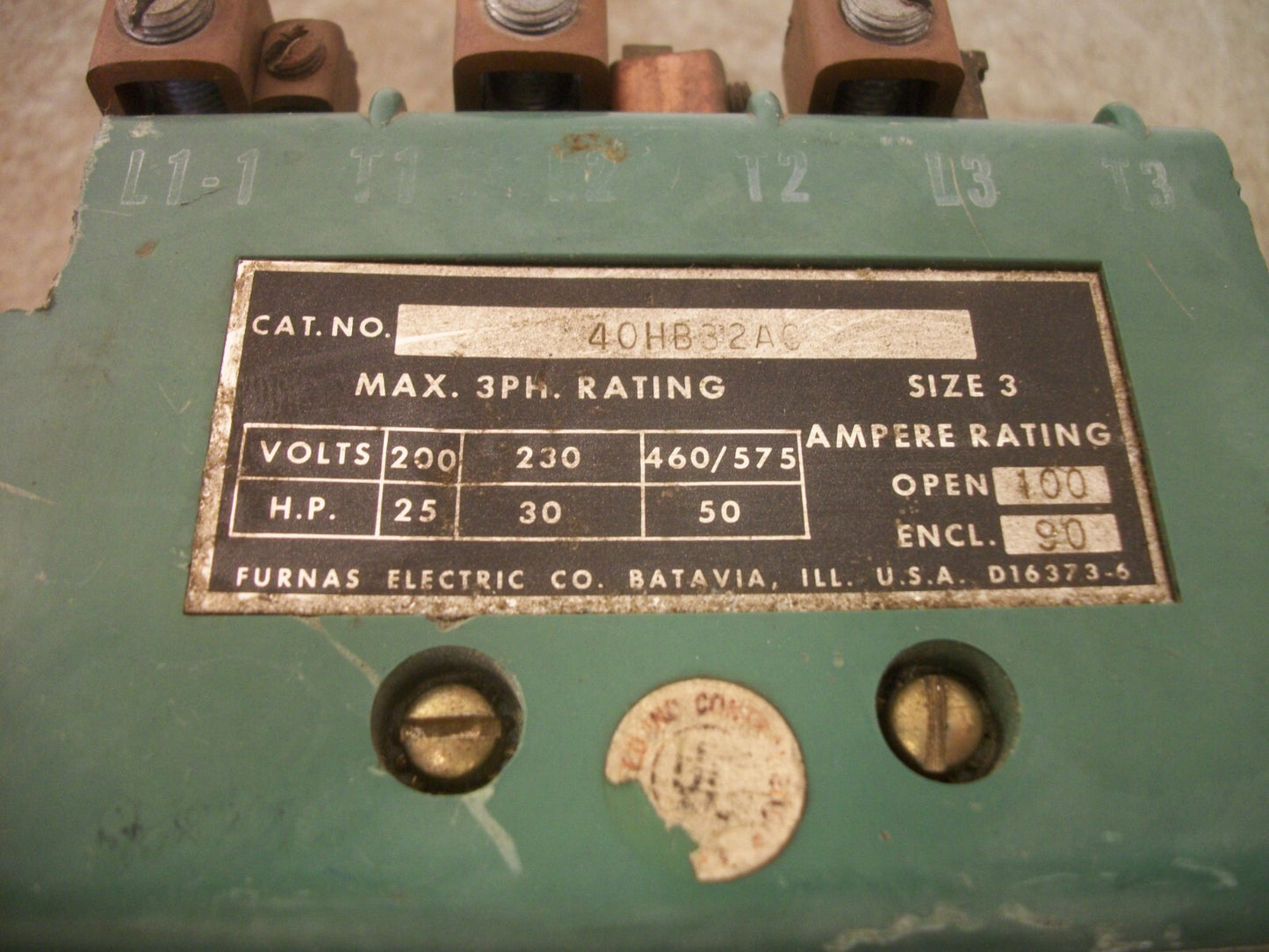 FURNAS SIZE 3 CONTACTOR 40HB32AC 100AMP 208-240/440-480VCOIL 3PH 600V 50HP
