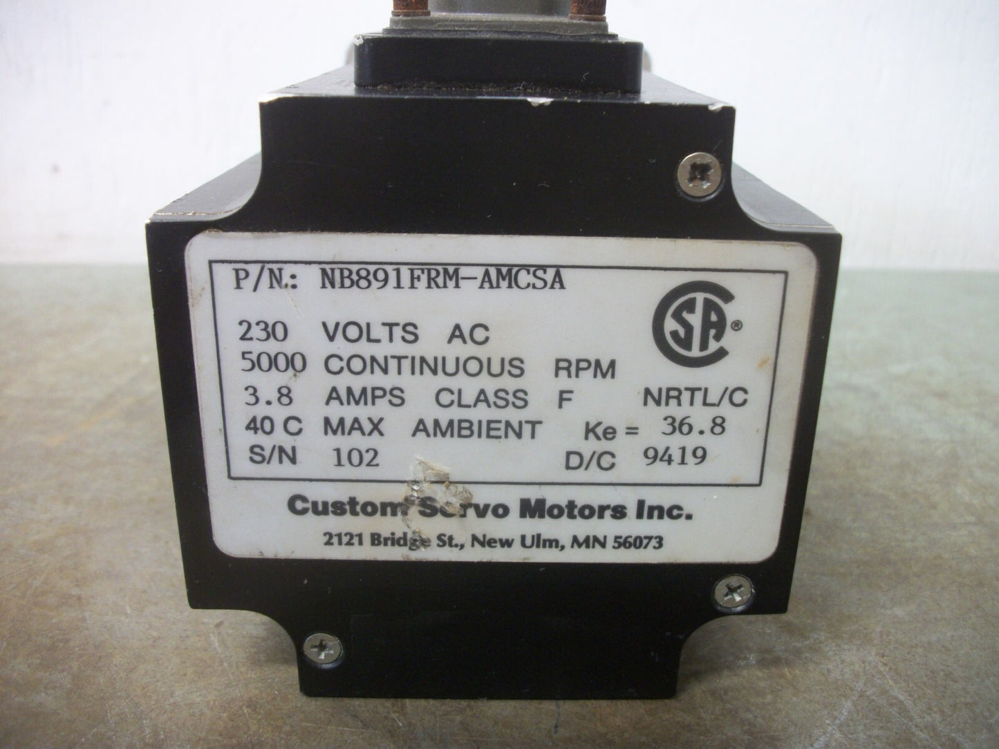 CUSTOM SERVO MOTORS SERVO MOTOR NB891FRM-AMCSA 230VOLT 5000RPM 3.8AMP