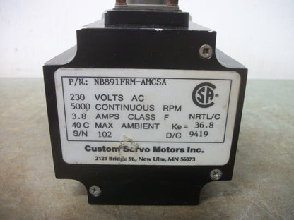 CUSTOM SERVO MOTORS SERVO MOTOR NB891FRM-AMCSA 230VOLT 5000RPM 3.8AMP
