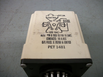 GUARDIAN ELECTRIC TIME DELAY RELAY PET 1481 ON=47-260SEC OFF=0.3-1.75SEC 120VOLT