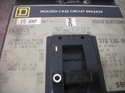 SQUARE D I-LINE FA CIRCUIT BREAKER FA36015 15AMP 600VOLT 3POLE GRAY