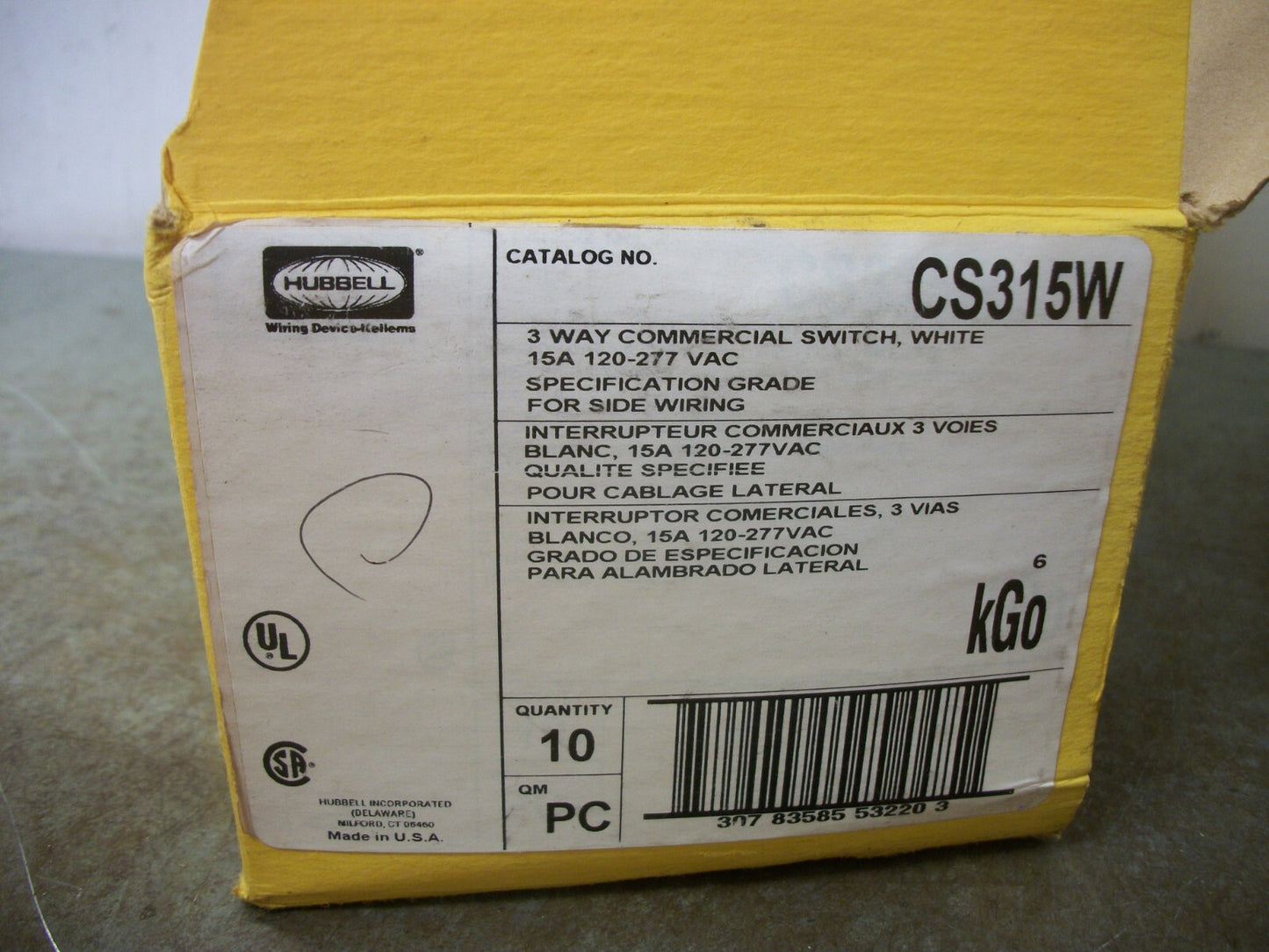 HUBBELL BOX OF 10 3-WAY WHITE TOGGLE SWITCHES CS315W 15AMP 120/277VOLT NIB