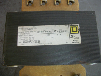 SQUARE D .500KVA 1PH TRANSFORMER 9070K500D2 HV 240X480 LV 24
