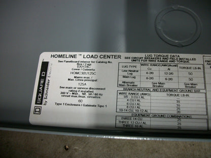 SQUARE D HOMELINE LOAD CENTER PANELBOARD TYPE 1 HOM2448L125PGC 125A 240V 1PH
