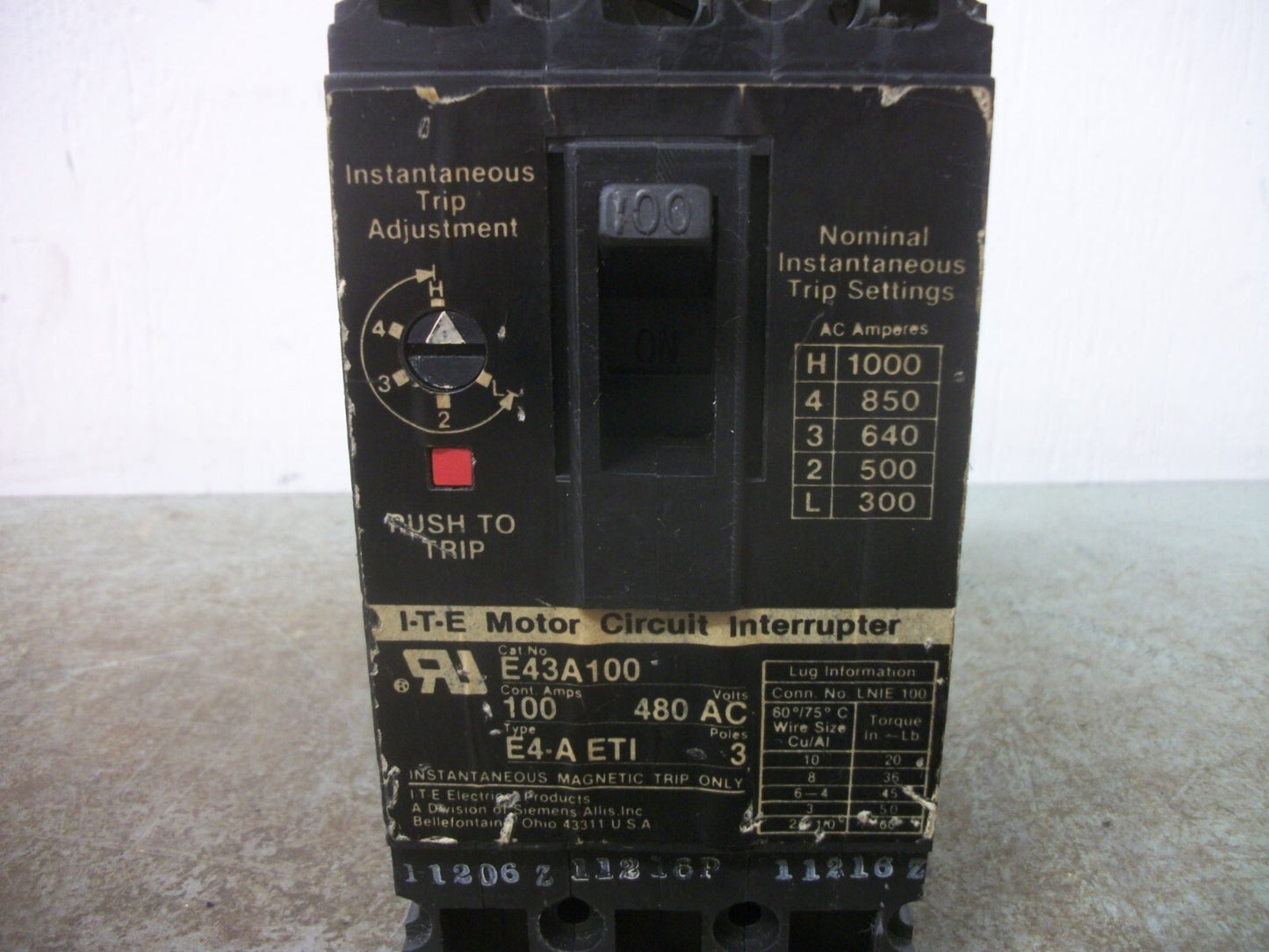 SIEMENS ITE E4-A ETI MOTOR CIRCUIT BREAKER E43A100 100AMP 480VOLT 3POLE CHIP NOB