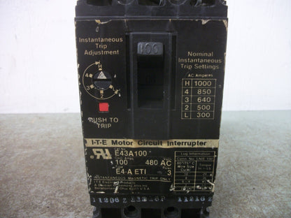 SIEMENS ITE E4-A ETI MOTOR CIRCUIT BREAKER E43A100 100AMP 480VOLT 3POLE CHIP NOB