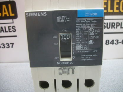 SIEMENS NGB CIRCUIT BREAKER NGB3B100 100AMP 600VOLT 3POLE NOB
