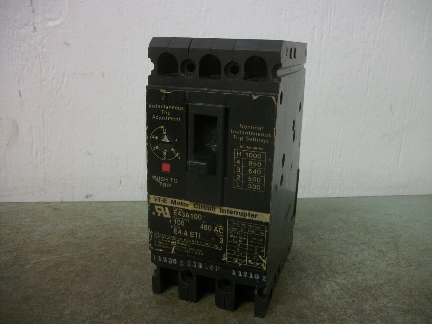 SIEMENS ITE E4-A ETI MOTOR CIRCUIT BREAKER E43A100 100AMP 480VOLT 3POLE CHIP NOB