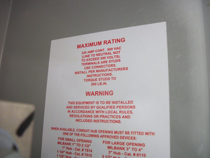 MILBANK METER BASE SOCKET ENCLOSURE TYPE 3R U2594-X 320AMP 600VOLT NOB