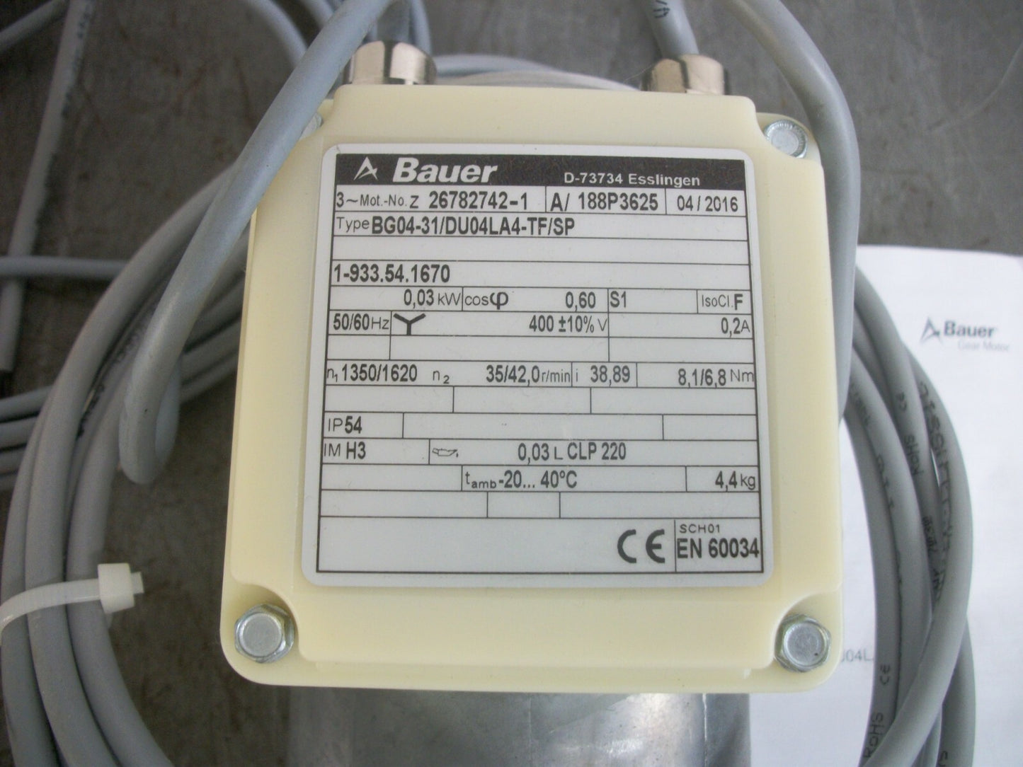 BAUER 0.03KW IP54 GEARMOTOR BG04-31/DU04LA4/TF/SP 42RPM 400VOLT NOB