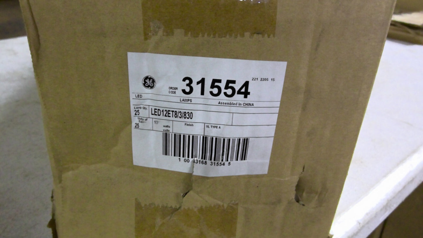GE 31554 BOX OF 25 3' T8 LED BULBS LED12ET8/3/830 NIB