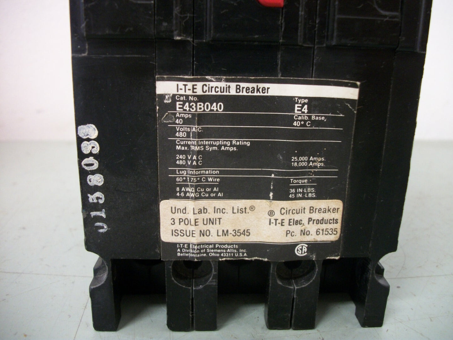 SIEMENS E4 CIRCUIT BREAKER E43B040 40AMP 480VOLT 3POLE