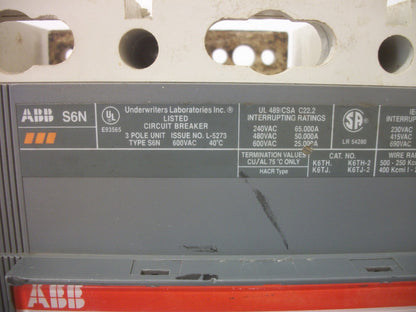 ABB SACE S6 S6N CIRCUIT BREAKER AA00494504 600AMP 600VOLT 3POLE W/SHUNT&AUX