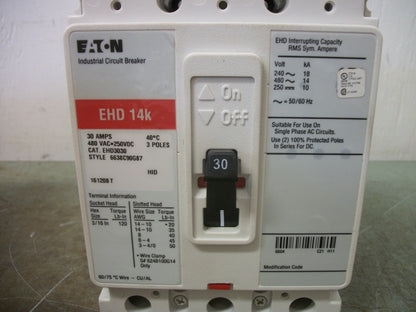 CUTLER-HAMMER EHD CIRCUIT BREAKER EHD3030 30AMP 480VOLT 3POLE RED NOB