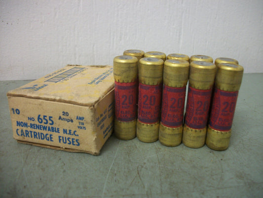 EAGLE BOX OF 10 NON-RENEWABLE CARTRIDGE FUSES 655 20AMP 250VOLT NIB