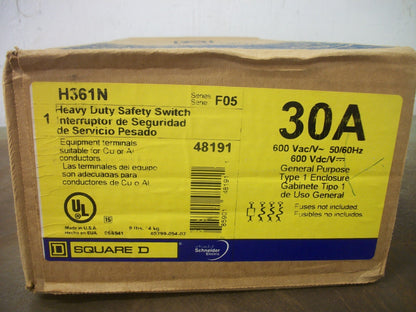 SQUARE D DISCONNECT TYPE 1 H361N 30AMP 600VOLT 3POLE FUSIBLE NIB