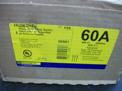 SQUARE D DISCONNECT TYPE 3R HU362RB 60AMP 600VOLT 3POLE NON-FUSIBLE NIB