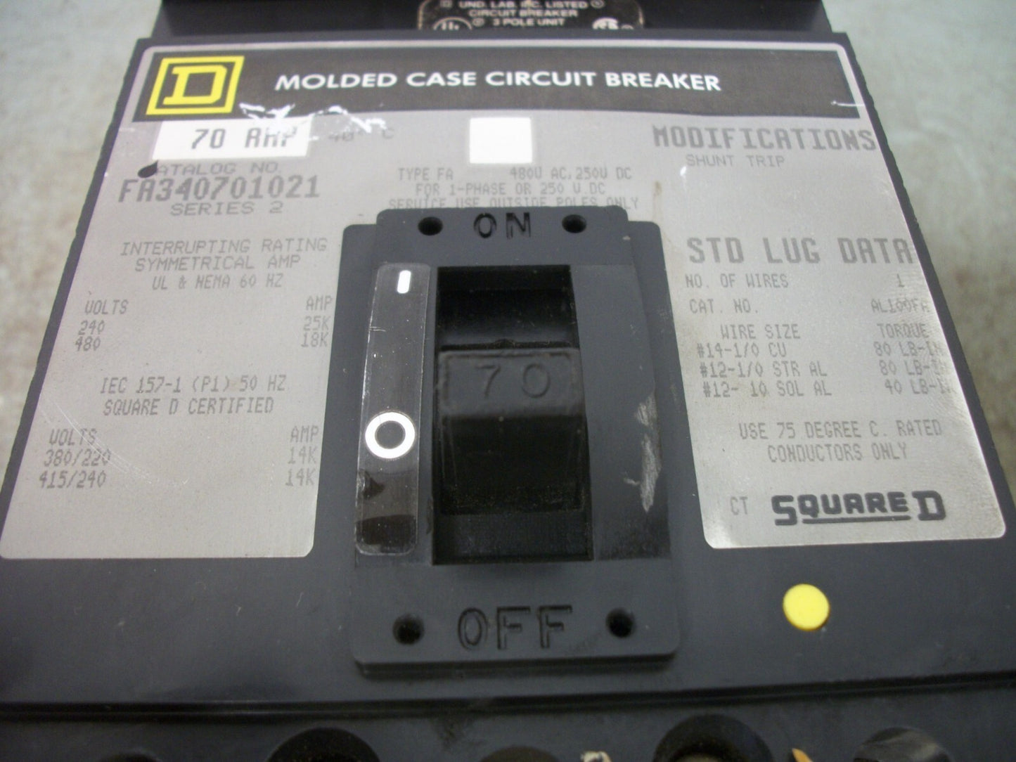 SQUARE D I-LINE FA CIRCUIT BREAKER FA340701021 70AMP 480VOLT 3POLE GRAY W/SHUNT