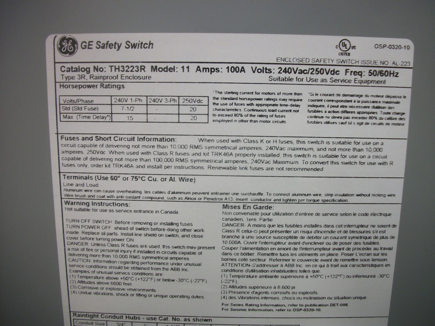 GE DISCONNECT TYPE 3R TH3223R 100AMP 240VOLT 2POLE FUSIBLE NIB