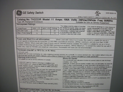 GE DISCONNECT TYPE 3R TH3223R 100AMP 240VOLT 2POLE FUSIBLE NIB
