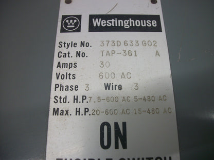 WESTINGHOUSE FUSIBLE BUS PLUG TAP361 30AMP 600VOLT 3POLE