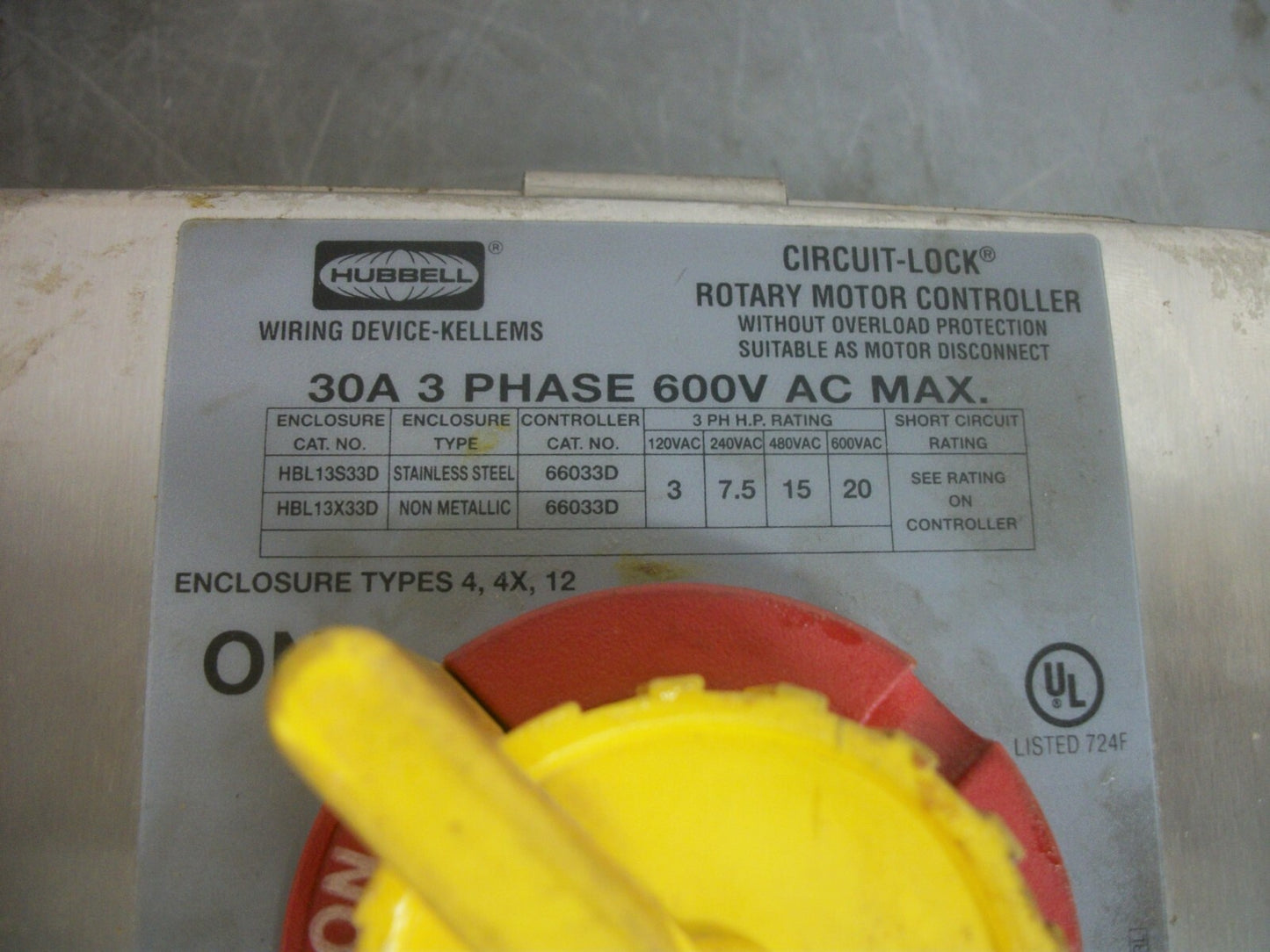 HUBBELL SS CIRCUIT-LOCK ROTARY MOTOR CONTROLLER HBL1 30AMP 600VOLT 3PH 20HP
